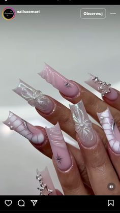 Cute Nail Designs For Acrylics Square, Europe Nails Aesthetic, Pink And Gray Nails Design, Extra Nail Ideas, Nails Acrylic Square Long, Hello Kitty Nails Long, Random Nail Designs, Medium Tapered Square Nails, G59 Nails