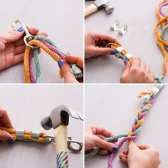 four pictures show how to tie a rope with scissors and pliers, then attach them together