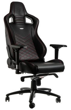 a black office chair with red stitching on the back and arm rests up against a white background