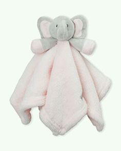 a pink blanket with an elephant on the front and back, hanging from it's side