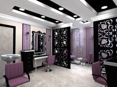 the interior of a salon with purple and black decor