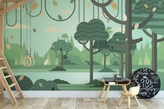 a child's room with a wall mural and wooden ladders