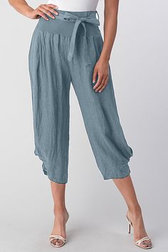 Italian Linen Pants, Comes with a Removable Belt, Hight Quality 100% Linen Made in Italy Machine Wash Cold Water Model Height 5'8" Non-stretch Blue Capris With Pockets, Versatile Mid-rise Blue Pants, Versatile Mid-rise Blue Bottoms, Versatile Non-stretch Blue Bottoms, Versatile Blue Relaxed Fit Bottoms, Versatile Loosely Fitted Blue Bottoms, Loosely Fitted Versatile Blue Bottoms, Loosely Fitted Cropped Leg Pants, Blue Cropped Pants With Belt Loops