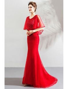 Elegant Long Red Tight Mermaid Formal Dress With Cape Sleeves Wholesale #T69073 - GemGrace.com Red Mermaid Dress With Mermaid Hem For Banquet, Fitted Red Mermaid Dress For Banquet, Red Fitted Mermaid Dress For Banquet, Red Mermaid Dress With Sweep Train For Banquet, Red Mermaid Dress For Formal Occasions, Red Mermaid Dress With Sweep Train, Fitted Mermaid Dress With Sweep Train For Red Carpet, Red Fitted Mermaid Dress With Sweep Train, Red Fitted Mermaid Dress With Fishtail