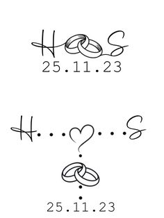 two wedding rings are drawn in the shape of hearts and numbers, as well as their names