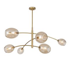 a brass chandelier with five clear globes hanging from the center, on an isolated white background