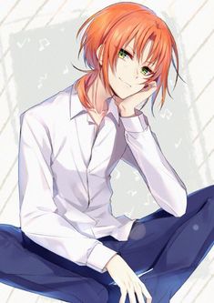 an anime character with orange hair and green eyes