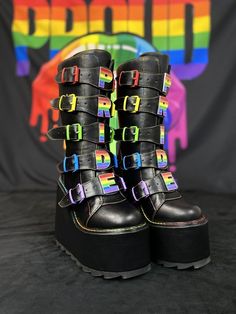 DUNE PRIDE STRAPS - BLACK - Y R U Pride Platform Boots, Gothic Pride Outfit, Rainbow Platform Boots, Alt Pride Outfit, Pride Looks Outfit, Pride Day Outfits, Rainbow Goth Aesthetic, Lgbtq Shoes, Rainbow Outfit Aesthetic