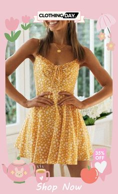 Cute Suspender Decorative Border Mini Dress Causal Dresses, Dress Weights, Yellow Tone, Dress Sleeve Length, Poses Photography, Knot Design, Floral Lace Dress, Dresses By Length, Outfit Casual