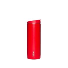 a red thermos is sitting on a white surface