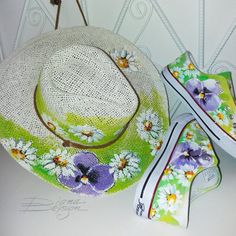 Hand Painted Violets & Daisies Hat Hanpainted Hat Violets | Etsy Multicolor Hand Painted Hats For Spring, Artistic White Summer Hat, Artistic White Hats For Summer, Artistic Handmade Straw Hat For Spring, Handmade Artistic Straw Hat For Spring, Hand Painted Country Style Summer Hat, Handmade Spring Straw Cap, Handmade Spring Straw Cap Hat, Handmade Straw Cap Hat For Spring