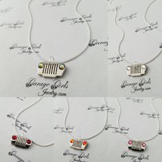 four different necklaces are shown on top of each other