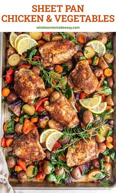 sheet pan chicken and vegetables with text overlay