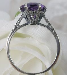 Natural Amethyst Ring Solid Sterling Silver/ 2ct Natural Purple Gem Edwardian 1910 Etched Filigree Notice the beautiful intricate crown-like design of the silver filigree setting and etched band. The original ring I bought in this exact design was from 1910. Vintage Amethyst Ring With Intricate Design For Wedding, Vintage Amethyst Wedding Ring With Intricate Design, Classic Amethyst Wedding Ring With Diamond Cut, Classic Amethyst Ring With Intricate Design, Classic Amethyst Ring With Diamond Cut For Anniversary, Vintage White Gold Amethyst Ring, Antique Amethyst Round Ring For Weddings, Antique Amethyst Ring With Prong Setting For Wedding, Classic Amethyst Ring With Intricate Design For Wedding