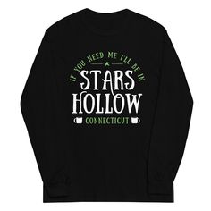 Not quite warm enough for a tee? This 100% cotton (heather colors contain polyester) long sleeved tee has you covered. Long Sleeve Text Print T-shirt For Winter, Tri-blend Long Sleeve T-shirt With Letter Print, Tri-blend Long Sleeve Tops For Fall, Stars Hollow, Long Sleeve Tee, Black Tee, Long Sleeve Tees, Stars, Long Sleeve