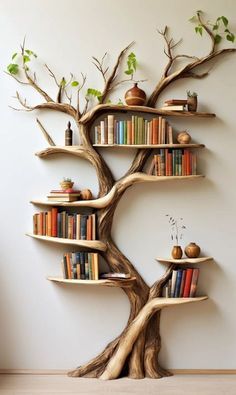 a bookshelf shaped like a tree with lots of books on it's shelves