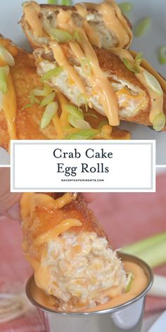 crab cake egg rolls with cheese and lettuce in a silver cup on a pink tablecloth