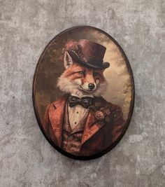 a painting of a fox wearing a top hat and bow tie with a suit on