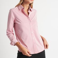 Dressbarn Color: Pink Size: L Feminine Workwear Shirt With Button Closure, Feminine Shirt With Button Closure For Work, Fitted Button Back Blouse For Work, Elegant Pink Cotton Blouse, Feminine Fitted Button-up Shirt, Feminine Fitted Shirt With Buttons, Fitted Feminine Button-up Shirt, Classic Pink Blouse With Buttons, Elegant Pink Shirt With Buttons