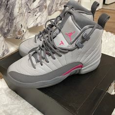 Wolf Grey/ Vivid Pink-Cool Grey Cool Jordans, Nike Shoes Women Fashion, Nike Shoes Air, Air Jordan 12, Air Jordan 12 Retro, Jordan 12 Retro, Jordan 12, Shoes Air, Jordans 12