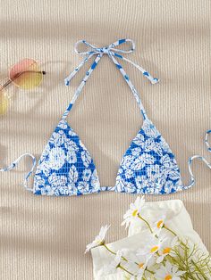 Blue and White Cute   Polyester Floral  Embellished High Stretch  Women Beachwear Summer Bathing Suits For Teens, Teen Bathing Suits Bikinis, Pretty Swimsuits, Trendy Bikinis