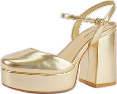 Gold Block Heel Wedding Shoes For Summer, Gold Wedding Shoes With 4-inch Block Heel, Gold Ankle Strap Wedding Shoes For Spring, Gold Wedding Shoes For Summer Events, Gold Wedding Shoes For Spring Wedding Guest, Gold Wedding Guest Shoes For Spring, Summer Wedding Shoes In Gold For Events, Gold Heels For Spring Wedding Guest, Wedding Shoes With Stacked Open Heel