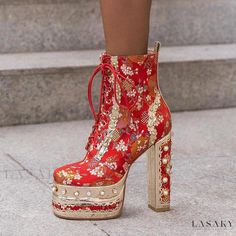 Lasaky - Exquisitely Embroidered Short Boots with Chunky Heels Ankle-high Summer Party Platform Boots, Ankle-high Platform Boots For Summer Party, Summer Party Ankle-high Platform Boots, Summer Party High Heel Platform Boots, Summer Party Platform Boots With Round Toe, Red Platform Boots For Spring, Gold High Heel Summer Boots, Lace-up Summer Platform Boots, Trendy Embroidered Summer Boots