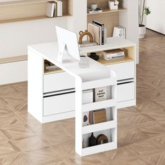 a white desk with books and a laptop on it in front of a book shelf