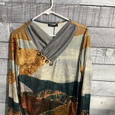 Multi-Colored Top, Never Worn, New With Tags Fall Multicolor V-neck Shirt, Bohemian Multicolor Hand-dyed Tops, Fall Graphic Print V-neck Shirt, Cheap Multicolor Soft-washed T-shirt, Multicolor Mixed Print V-neck Top, Multicolor Patchwork V-neck Outerwear, Peasant Sleeve, Velvet Tank Top, Gold Shirt