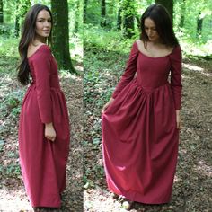 A beautiful one piece dress with boned front, lace-up back, and classic long sleeves, atop a simple gathered skirt in your choice of length - mini, knee, midi or maxi. Made in your choice of colour of our premium linen (or another fabric/pattern if you prefer), and to your proportions. Pictured is our Burgundy colour, maxi length. Sizing: Please specify your minimum bust and waist size for the corset when ordering. The laces allow for a lot of loosening beyond this. Length: Mini dress = 18" long Medieval Dress Women, Simple Corset Dress, Storybook Outfits, Cottagecore Medieval, Medieval Fairytale, Medieval Corset, Linen Corset, Recital Dress, Burgundy Colour