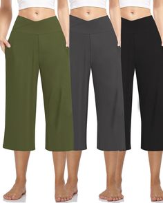 PRICES MAY VARY. MATERIAL:CAPRI PANTS FOR WOMEN STRETCH,made of polyester and spandex, like buttery soft & cozy touch for our skin friendly, 4-ways stretch, lightweight, casual summer yoga ladies capri pants REFINED QUALITY:3 Pack Women's Pants Casual Capri Pants,This palazzo Capris pants made from 90% Polyester, 10% Spande. Lightweight, soft fabric, breathable but non see-through FEATURE:CAPRI PAJAMA PANTS FOR WOMEN SOFT,slim fitted stretchy cross wrap waist & loose flowy bottom cut capris for Casual Yoga Capri Pants With Pockets, Yoga Capris With Pockets, Casual Capri Yoga Pants With Pockets, Casual Capri-length Yoga Pants With Pockets, Yoga Capri Pants With Pockets, Knee-length Lounge Bottoms With Pockets, Versatile Capri Pants With Pockets, Green Capri Length Pants With Elastic Waistband, Green Capri Pants With Elastic Waistband