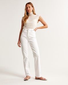 Our classic 90s straight jeans in a white wash with a raw hem. This fit features an 11.5” ultra high rise, is fitted at top of body and eases through the thigh into a straight leg shape with a full-length inseam. This jean is made from our vintage stretch fabric which features both an authentic vintage look and contains slight built-in stretch for additional comfort. 90s Straight Jeans, Kick Flare Jeans, Love Jeans, High Waisted Mom Jeans, Abercrombie And Fitch Jeans, High Rise Mom Jeans, Slim Straight Jeans, Distressed Black Jeans, Polo Dress