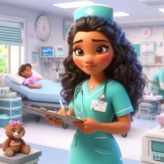 a cartoon character holding a clipboard in a hospital room with other medical personnel around