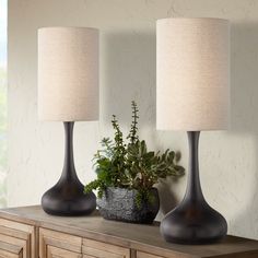 two lamps are sitting on a dresser next to a potted plant in a vase