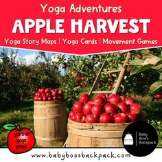 an advertisement for yoga adventures with apples in buckets on the grass and apple trees behind it