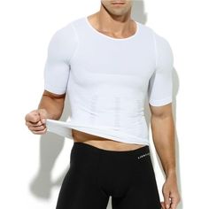 Material: 90%Polyamide,10%Spandex Slimming Undershirts Are Specifically Designed To Minimize Male Gynecomastia,Tighten "Beer Belly" With 12 Special Structure Panels In Front, Eliminate Back Fat, Dramatically Improve Posture On The Back With Criss Cross Back Panels. These Men Baselayers Can Be Wore Under Suits, Formal Dress Shirts, Workout Shirts, T-Shirts, Polos Or Sweaters. This Compression Tee Shirts Are The Best Choice For Body Shaping, Make You Look Thinner And Slimmer Instantly,Definitely A Stretch Shapewear Tops, Solid Stretch Shapewear Tops, White High Stretch Short Sleeve Activewear, White Snug Fit Short Sleeve Top, Compression Elastane Workout Tops, Stretch Compression Top For Workout, Fitted Sporty Gym Shirt, Workout Shapewear Tops, Fitted Crew Neck Shirt For Sports