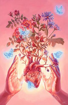 two hands holding a heart shaped plant with butterflies flying around it on a pink background