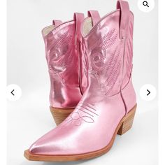 Shu Shop Pink Metallic Cowgirl Boots Size 6 Never Worn Western Style Ankle Martin Boots For Spring, Trendy Pink Martin Boots For Spring, Summer Pink Ankle Boots, Pink Ankle Boots For Summer, Casual Pink Heeled Boots For Spring, Pink Western Ankle-high Boots, Pink Ankle-high Western Boots, Trendy Snip Toe Heeled Boots For Spring, Pink Low Heel Boots For Spring