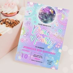 a disco themed birthday party with cupcakes and cake