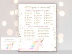 a pink and gold unicorn baby shower game