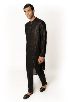 Black kurta with sequin embroidery in geometric pattern. Paired with a pant. - Aza Fashions Black Kurta, Sequin Embroidery, Sequins Embroidery, Sequin Fabric, Pants Pattern, Pant Set, Cotton Silk, Aza Fashion, Black Men