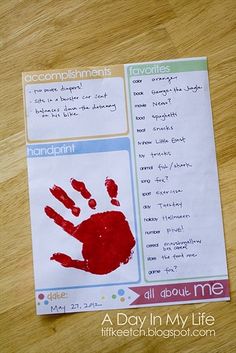 a handprint is shown on a piece of paper that says,'all about me '