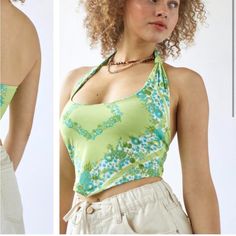 Urban Outfitters Halter Top New With Tags Size S-P Super Stretchy For A Safe Fit Pds Halter Neck Tops For Spring Day Out, Floral Print Fitted Halter Top For Spring, Spring Floral Print Fitted Halter Top, Fitted Floral Print Halter Top For Spring, Green Floral Print Sleeveless Crop Top, Green Printed Spring Tops, Casual Green Halter Neck Crop Top, Casual Green Printed Crop Top, Green Printed Casual Crop Top