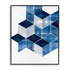 a blue and white abstract painting with squares in the middle, on a white background