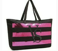 BRAND NEW Victoria's Secret VS Black Pink Sequin Stripe Tote Bag Zippered Large. In original packaging. Shipped with USPS Priority Mail. Bags 2014, Gold Tote Bag, Victoria Secret Tote Bags, Black Flip Flops, Victoria Secret Pink Bags, Pink Tote, Victoria Secrets, Victoria Secret Bags, Large Tote Bag