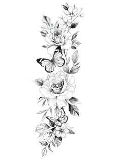 a black and white drawing of flowers with butterflies