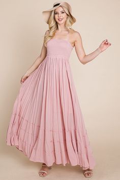 Features: Smocked, Ruffled, Tiered, Backless with 3 Lines detail, Pleated, Bohemian, Maxi Length, LinedModel is 5'7"(32 23 34.5) wearing small- S 4-6 M 8-10 L 12-14 Bohemian Smocked Dress With Ruffled Straps, Bohemian Maxi Dress With Smocked Bodice And Ruffled Straps, Feminine Smocked Maxi Dress With Ruched Detail, Pink Tiered Maxi Dress With Smocked Back, Flowy Bohemian Smocked Top, Pink Bohemian Ruched Maxi Dress, Bohemian Dress With Smocked Bodice And Ruffled Straps, Pink Tiered Smocked Dress With Smocked Back, Maxi Length Smocked Sundress