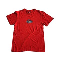 late 1990s early 2000s Red Quicksilver Tee. All items are measured lying flat, seam to seam. Double width measurements. Length: 24" Chest: 17" Tag says S. In Good Condition. Red Y2k Crew Neck T-shirt, Red Y2k Streetwear Top, Red Y2k Top For Streetwear, Red Y2k T-shirt For Streetwear, 90s Red Crew Neck Top, Red Graphic Print 90s Style Top, 90s Style Red Top With Graphic Print, Red Crew Neck Top 90s Style, Red Y2k Cotton T-shirt