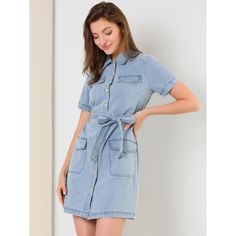 The dress features a point collar, a button-down design, and a belt for a casual chic look. Pair it with ankle boots or chunky sneakers for a casual look. This denim shirt dress is a good choice for fall or spring. A belt gathering around the waist brings a feminine touch. Add another cooler-season dress to your assortment with this style. It has short sleeves, a flattering tie waist, and plenty of practical pockets. Fastened with a full placket at the front, this piece can be paired well with p Spring Collared Belted Denim Dress, Casual Short Sleeve Belted Denim Dress, Casual Belted Short Sleeve Denim Dress, Casual Belted Denim Dress With Short Sleeves, Casual Short Sleeve Denim Dress With Belt, Trendy Button-up Denim Dress For Workwear, Trendy Belted Denim Dress For Spring, Trendy Buttoned Denim Dress For Work, Casual Belted Denim Mini Dress