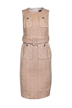 Current Boutique-Karen Millen - Orange, White, & Silver Tweed Belted Dress Sz 6P Spring Fitted Tweed Dress, Fitted Tweed Dress For Spring, Fall Midi-length Tweed Dress, Spring Office Tweed Dress, Knee-length, Winter Midi-length Tweed Dress, Sleeveless Tweed Dress For Fall, Fall Sleeveless Tweed Work Dress, Sleeveless Tweed Dress For Work In Fall, Sleeveless Tweed Dress For Fall Workwear